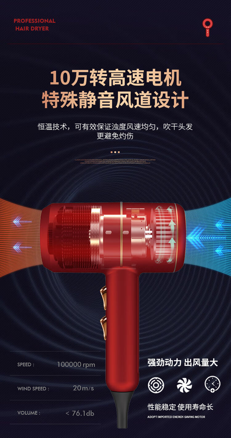 38060-吹风机家用大小功率学生宿舍静音电吹风筒蓝光负离子吹风机网红款 公主粉 【800W】宿舍-详情图
