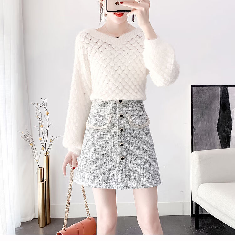 小清新洋气时尚套装裙秋冬新款网红v领毛衣毛呢半身短裙两件套女在礼