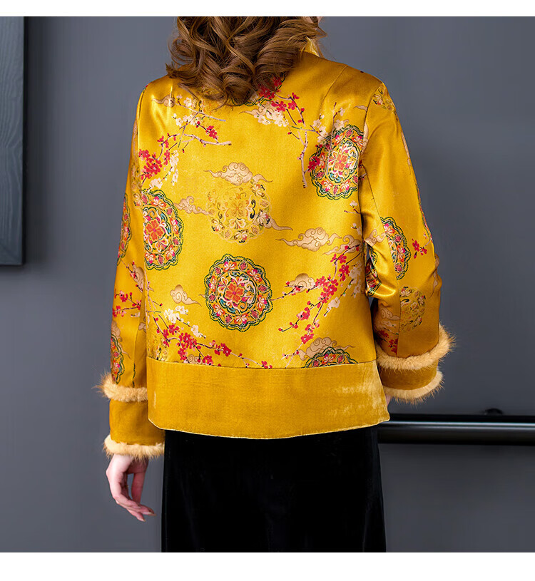 女式古装棉袄女士唐装中国风冬装盘扣棉衣棉服女中式夹棉外套 黄底