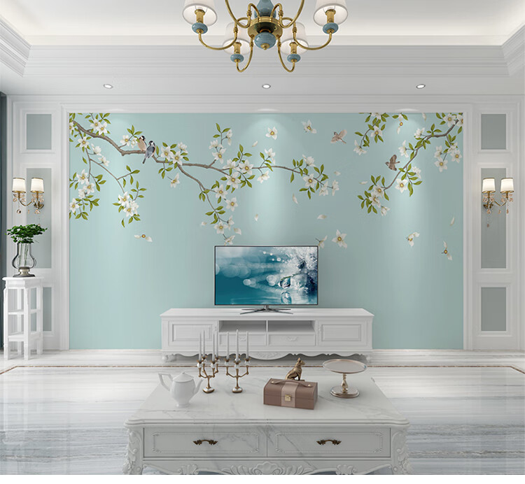 新中式电视背景墙壁纸8d花鸟现代简约壁布立体3d墙纸影视墙布壁画主图
