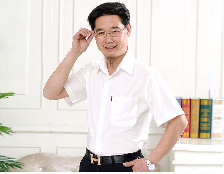 琛恋中老年男士短袖衬衫老年人5060色薄款爸爸爷爷装宽松冰丝白衬衣