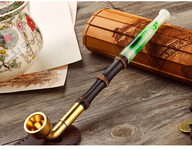 烟斗老式纯铜旱烟袋锅子紫竹根烟杆玉石烟嘴烟斗烟枪专用烟具 30厘米