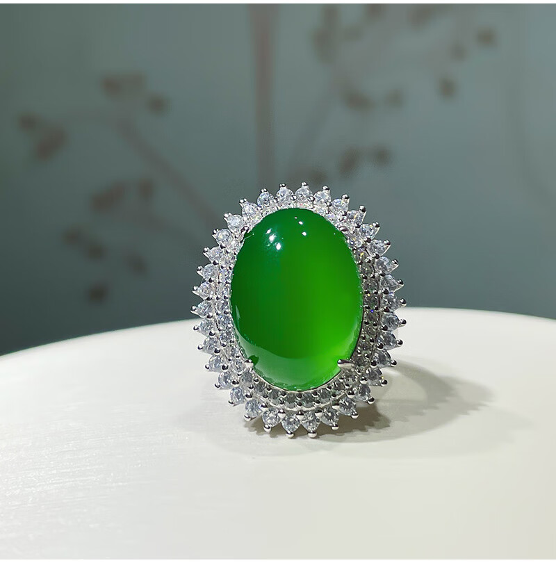 吉裕 高冰高荧光冰种巴西大鸽子蛋绿玉髓戒指 豪华媲美翡翠925镀金j