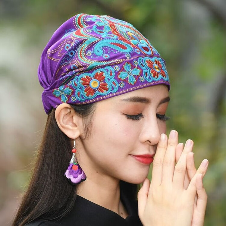 民族风刺绣发带帽子女棉麻布艺发带帽子妈妈遮白发宽头巾发箍发套帽女