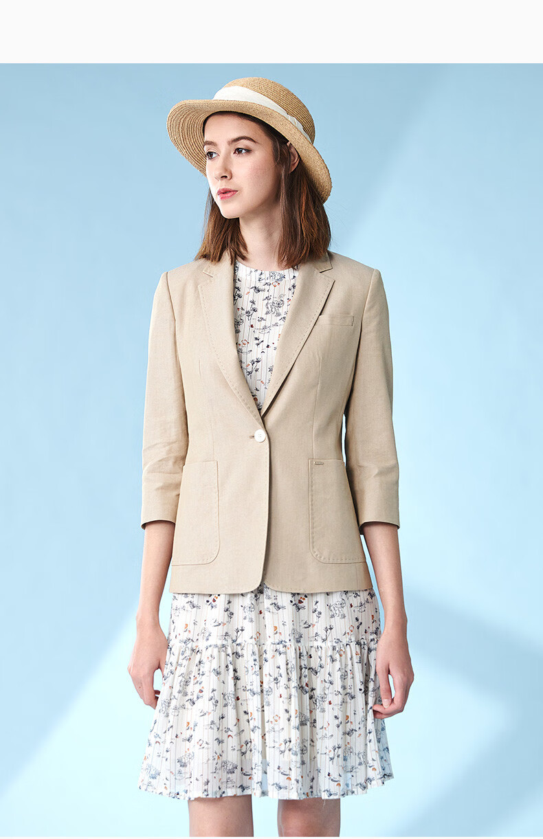 hazzys哈吉斯女装 夏季新款单西素色麻混纺七分袖单西asusj01bj01