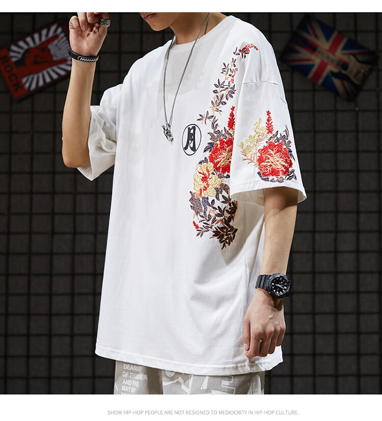 老爷车国潮街头宽松短袖男潮流中国风刺绣情侣装小众夏季纯棉设计感