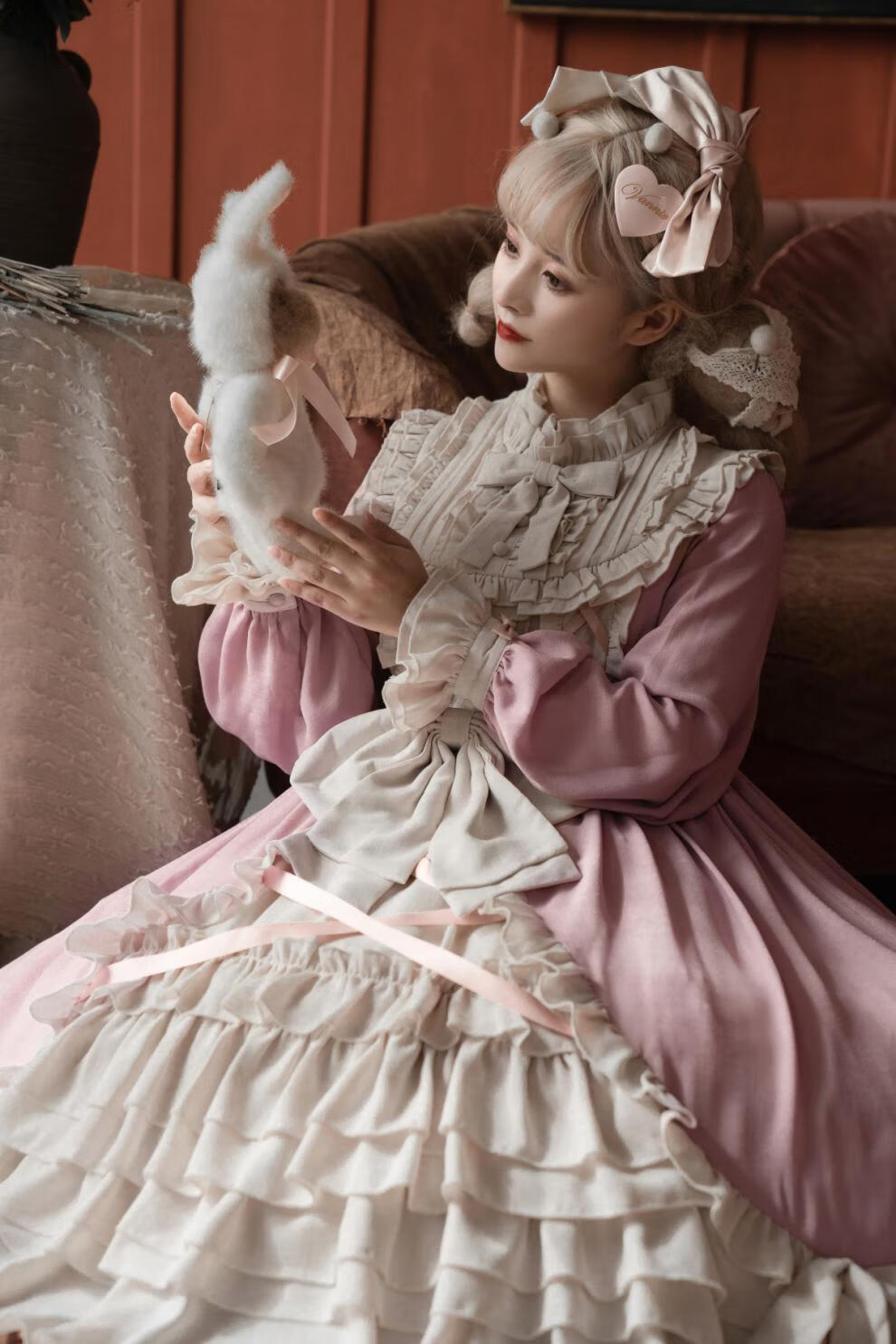 原创天鹅之幕lolita优雅cla系长袖op连衣裙纯色复古洛丽塔秋冬绀色