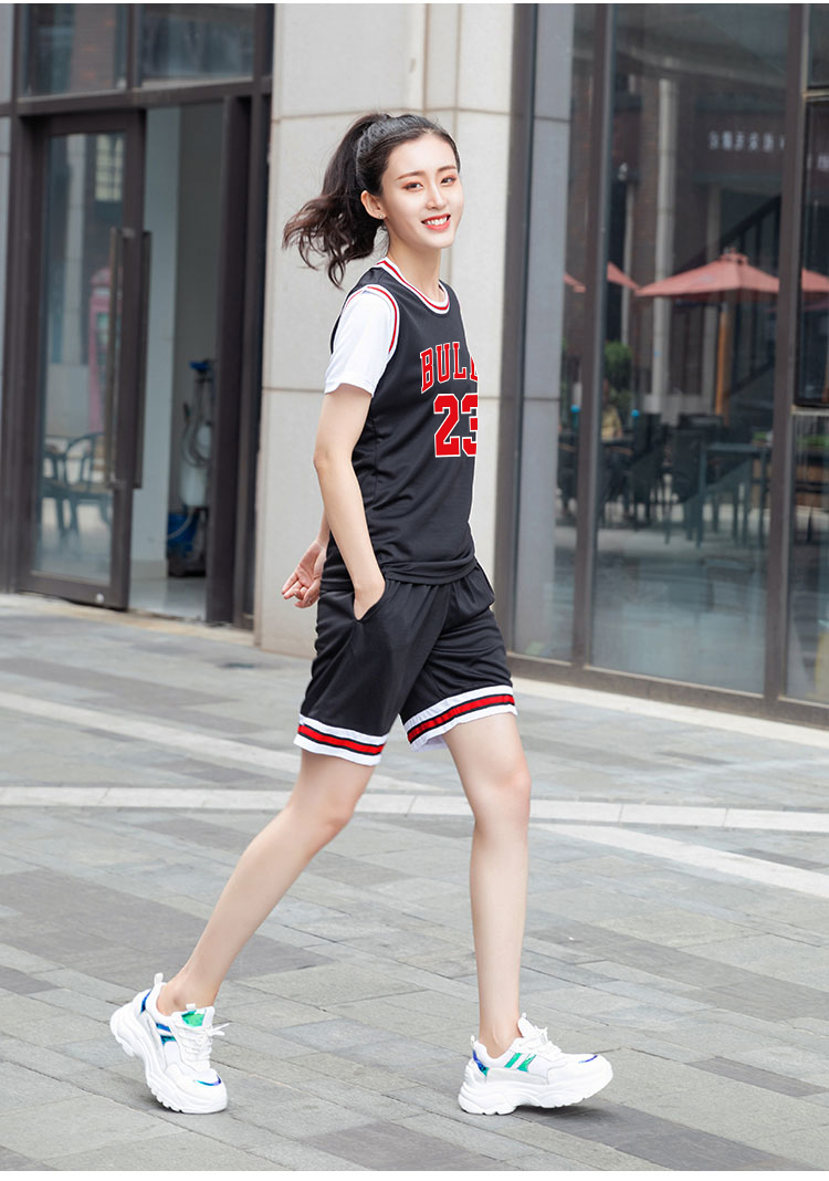 茂铃女款短袖篮球服套装宽松运动比赛训练服假两件篮球衣班服定制红色