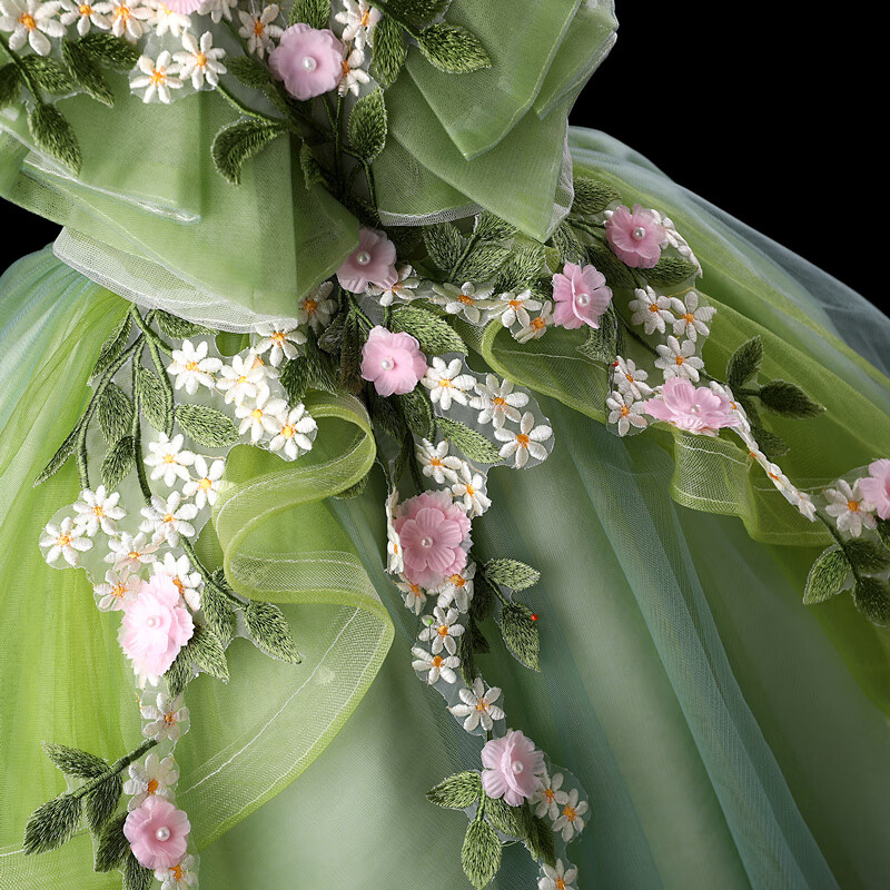 公主裙蓬蓬裙儿童走秀主持人钢琴演出服生日花童婚纱裙春 绿色长袖