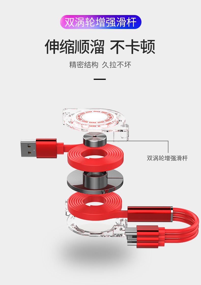 简之伸缩一拖三数据线适用于苹果type-c安卓数据线 三合一充电线可