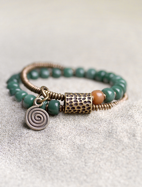 博皓定制复古民族风绿色阴皮菩提根手链女 双层个性文艺休闲手串 女生