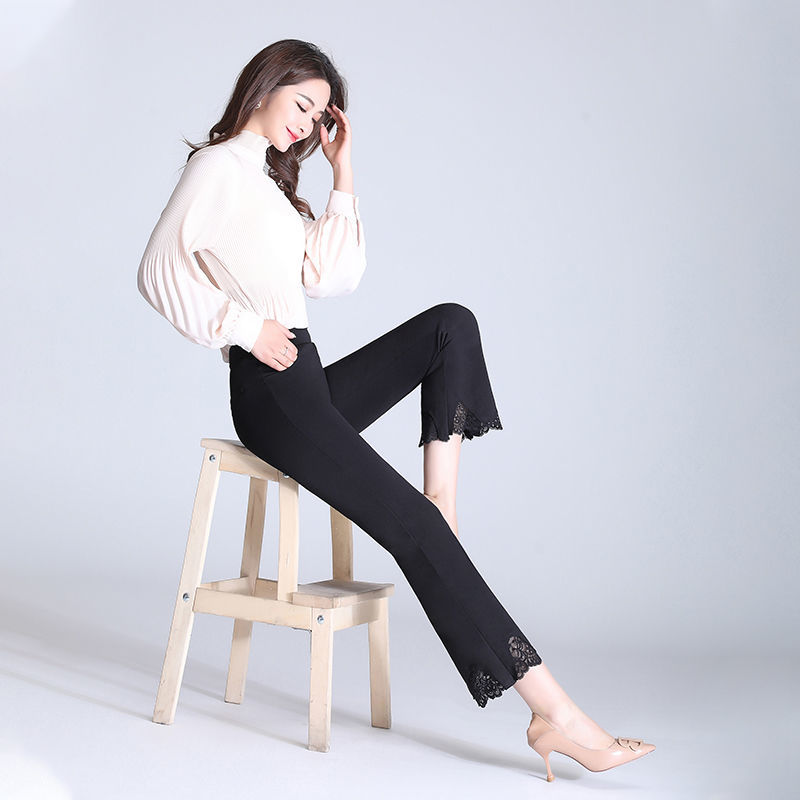 思湄裤子女休闲裤女夏季宽松 春夏休闲长裤修身松紧高腰微喇裤蕾丝