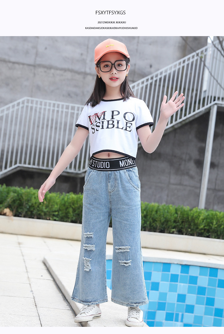 新款韩版运动休闲牛仔阔腿裤子两件套中大童3-15岁小女孩小学生衣服
