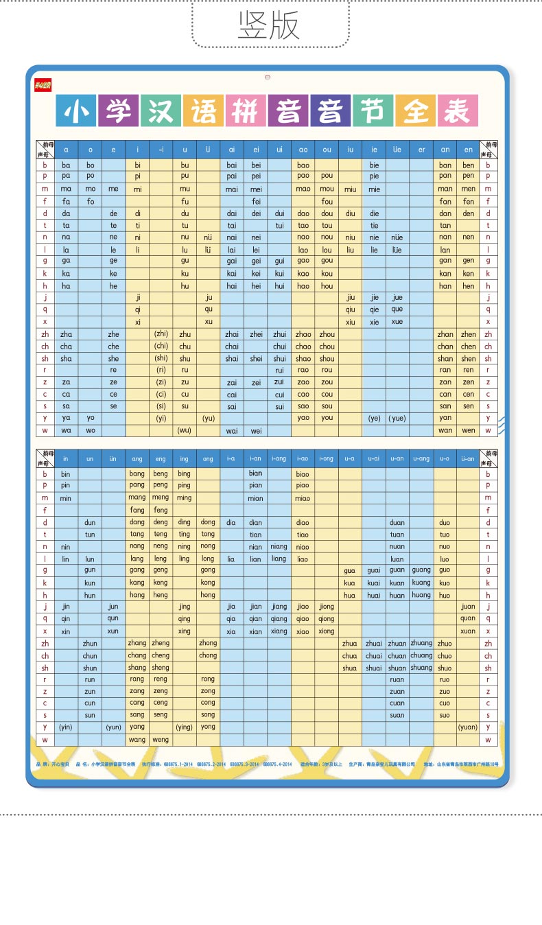小学生一年级汉语拼音音节全表大挂图启蒙 学前幼儿学习欧琪尚 竖版