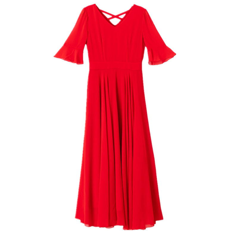 沙滩长裙红色雪纺连衣裙女长款大摆显瘦超长裙子仙女 【红色~雪纺裙】