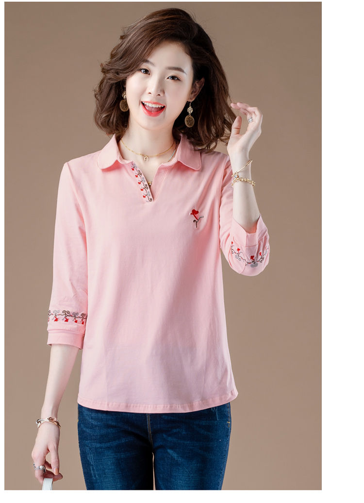 高端品质新品上市【特价】纯棉中袖t恤女宽松翻领夏天棉上衣新款韩版