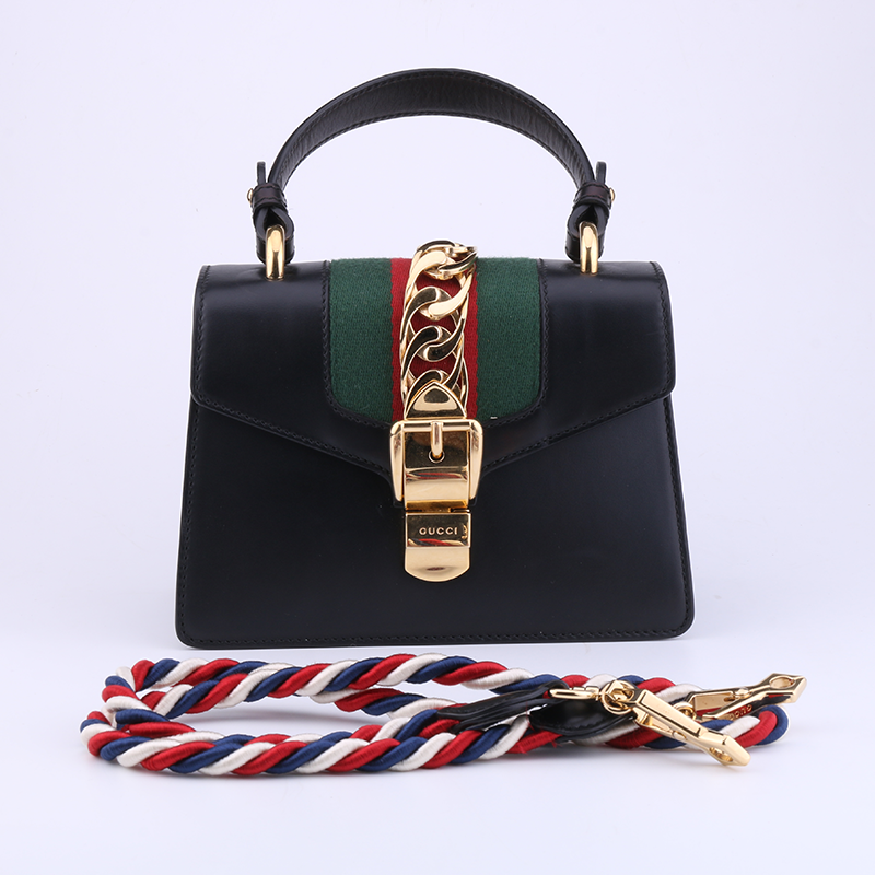 95新】gucci古驰sylvie塞尔维亚黑色mini小号手提单肩包斜跨二手包包