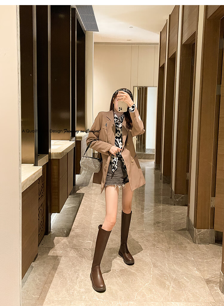 小个子女生内增高厚底马丁靴秋冬小号码小脚短靴女长筒靴子棕色咖啡内