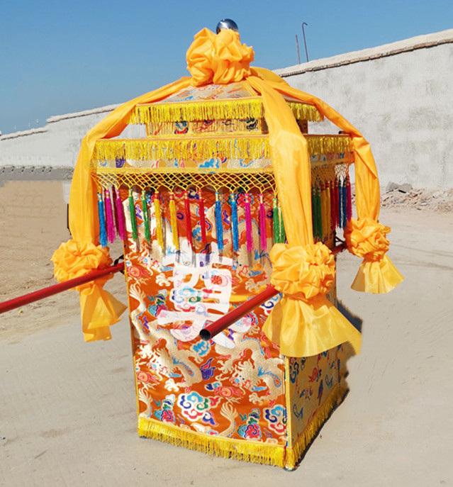 白花轿骨灰轿中式八抬折叠轿子加大款道具丧葬用品 云锦面料黄色