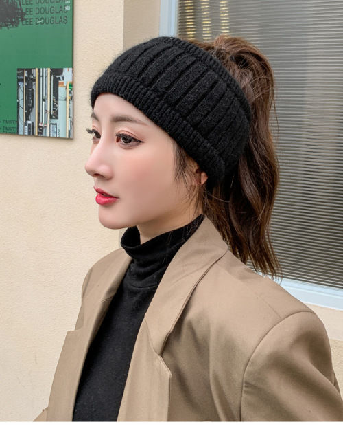 额头保暖韩版冬季针织毛线帽子女网红日系运动包头帽空顶马尾帽发带套