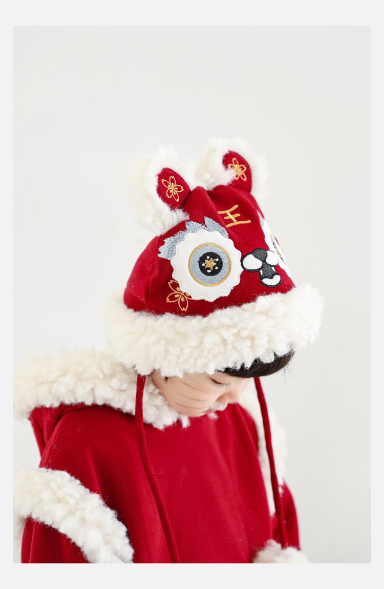 幼悠新款虎头帽冬季过年毛绒帽男童立体耳朵保暖虎头帽宝宝中国风刺绣