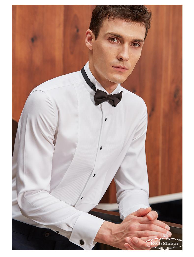 打底上衣法式袖扣燕子领结婚礼服纯棉免烫衬衫男白色有褶皱燕子领37