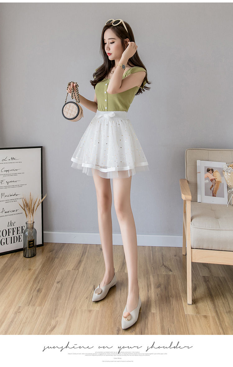 wsng网红星空网纱裙少女气质星星亮片高腰显瘦a字半身裙短裙2021女夏