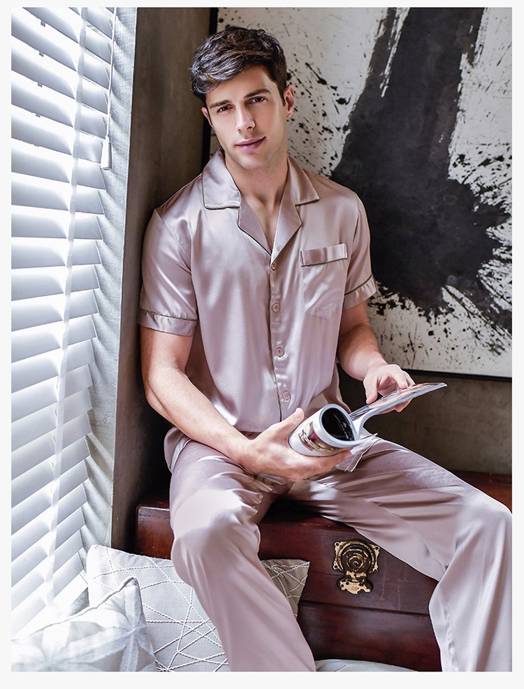 男士真丝睡衣男夏季薄款男式大码家居服男舒适重磅睡裤男生蚕丝绸睡衣