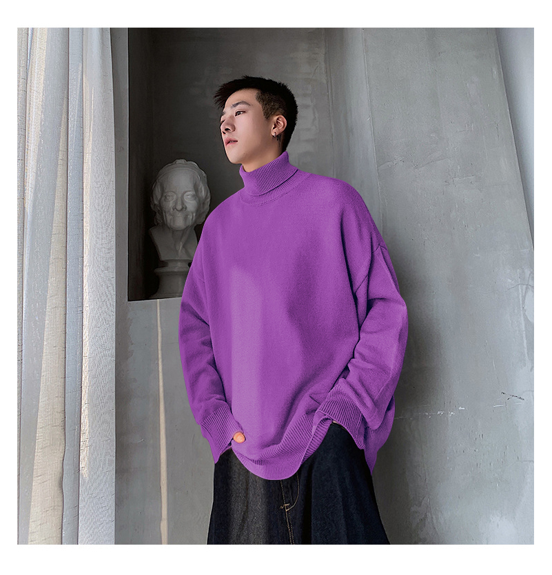 宽松高领毛衣男秋冬季潮流百搭套头毛线衣休闲纯色打底针织衫 紫色 l