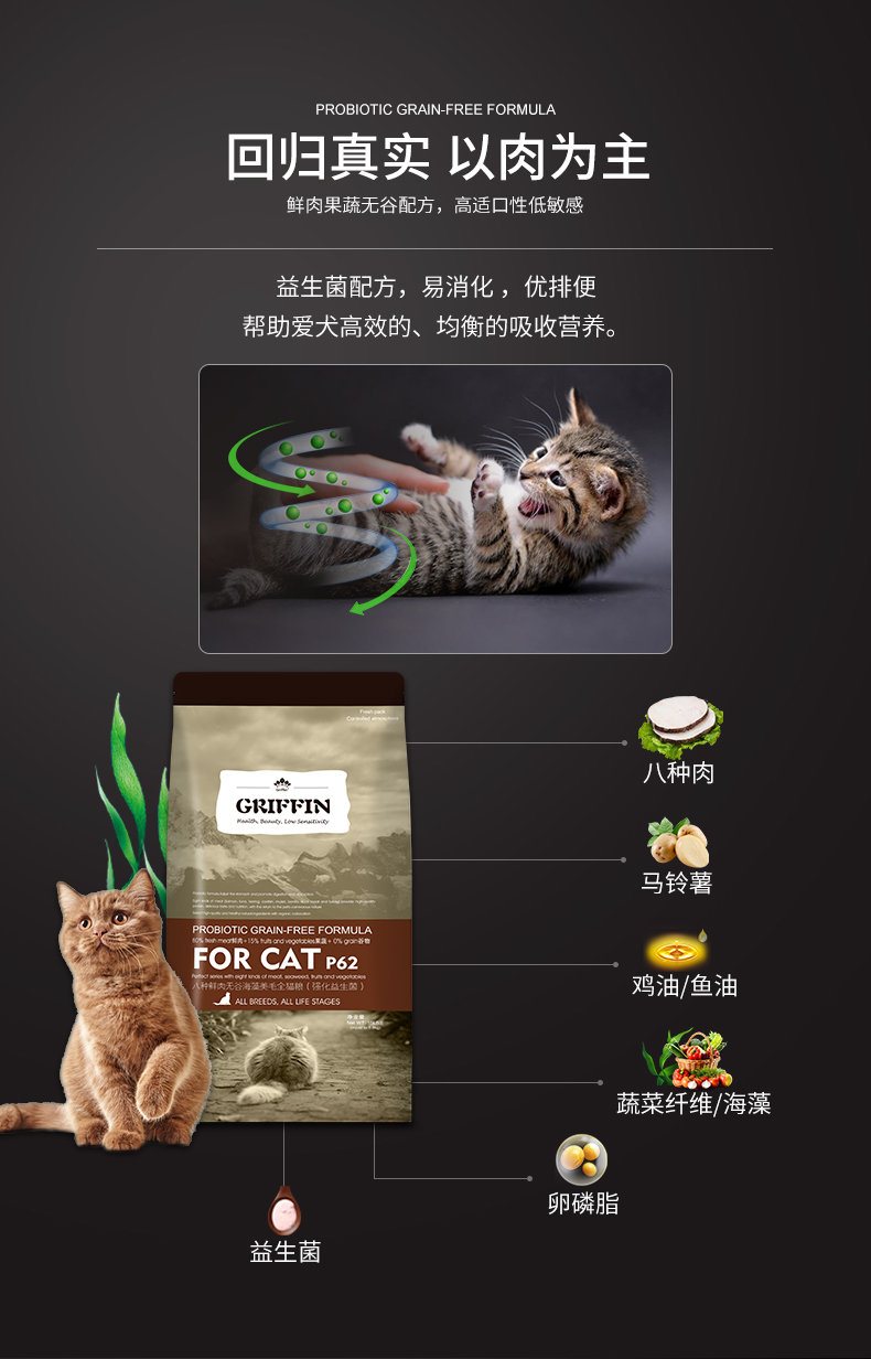 griffin贵芬猫粮8种鲜肉无谷益生菌天然全猫粮海藻美毛p624磅约18kg