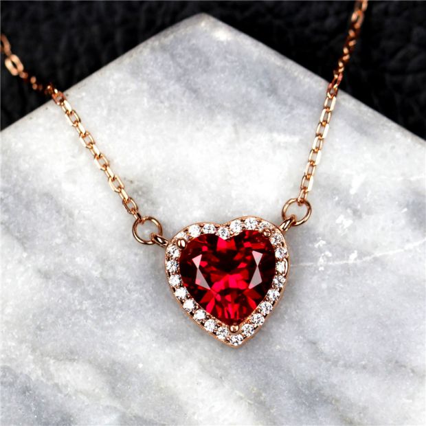 心形红宝石项链女925银套链时尚颈饰个性韩版潮2克拉情人节礼物白金色