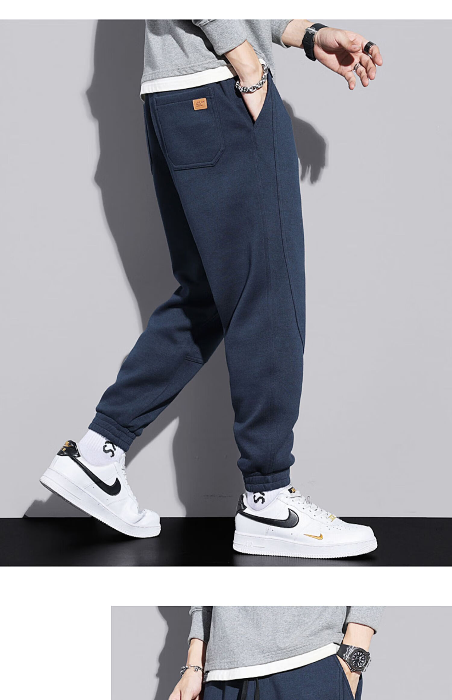 休闲卫裤男士春秋款宽松束脚藏青色秋季抽绳弹力针织运动裤子男孩