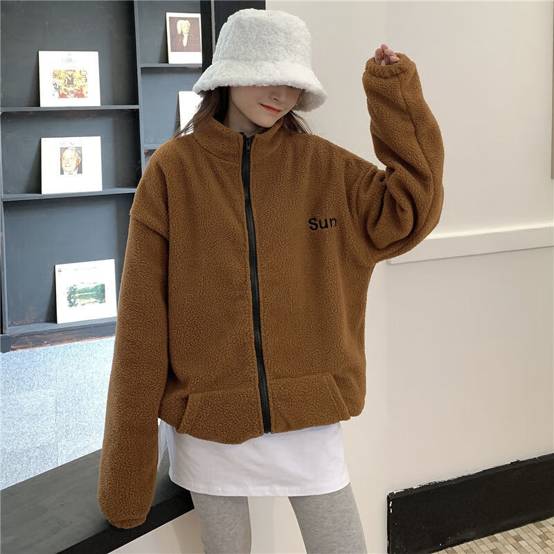 秋冬羊羔绒卫衣拉链外套女学生绣花加厚立领上衣ins潮百搭 棕色 均码