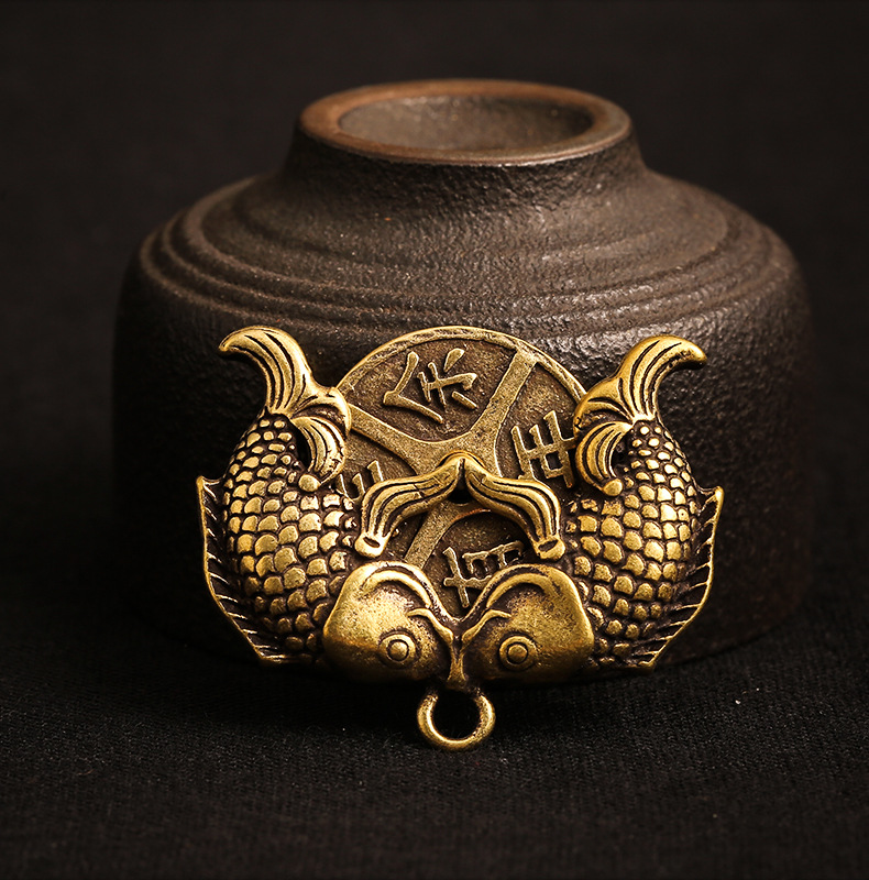 静元阁 纯铜双鱼钥匙扣挂件复古黄铜年年有余吊坠挂饰创意挂饰 年年有