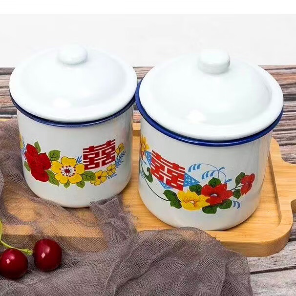 茶杯怀旧搪瓷杯子盅盅花卉双喜字复古带盖老式铁茶缸子广告水杯茶杯