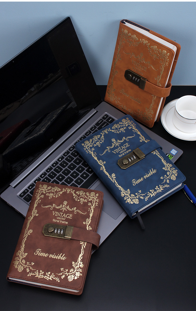 复古欧式带锁少女日记本加厚古风密码本女大学生密码锁笔记本 深蓝色