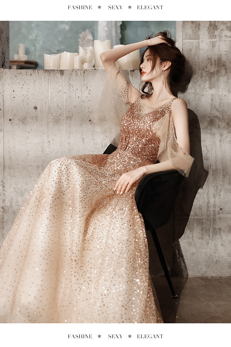 贞溪学生艺考礼服毕业典礼宴会金色晚礼服女2021新款大气优雅宴会名媛