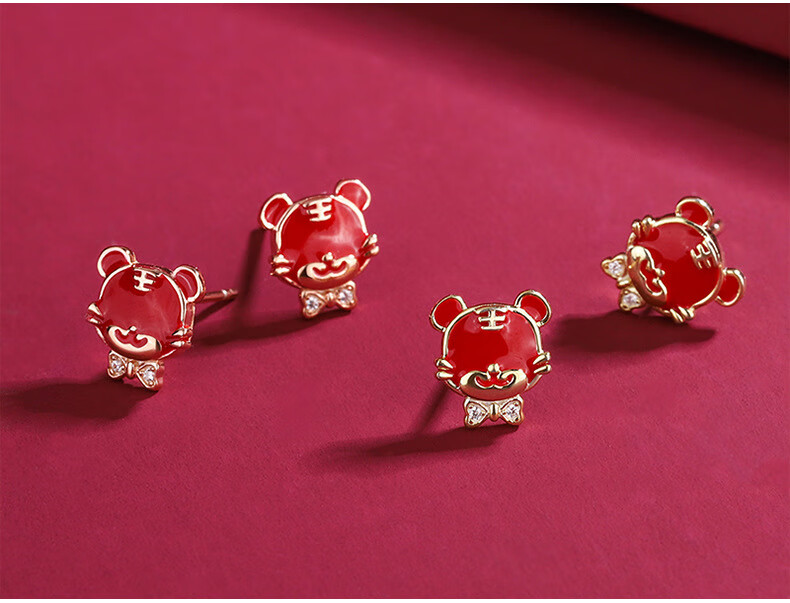 tshe耳钉女999足银蝴蝶结萌虎新款虎年生肖本命年耳饰电白