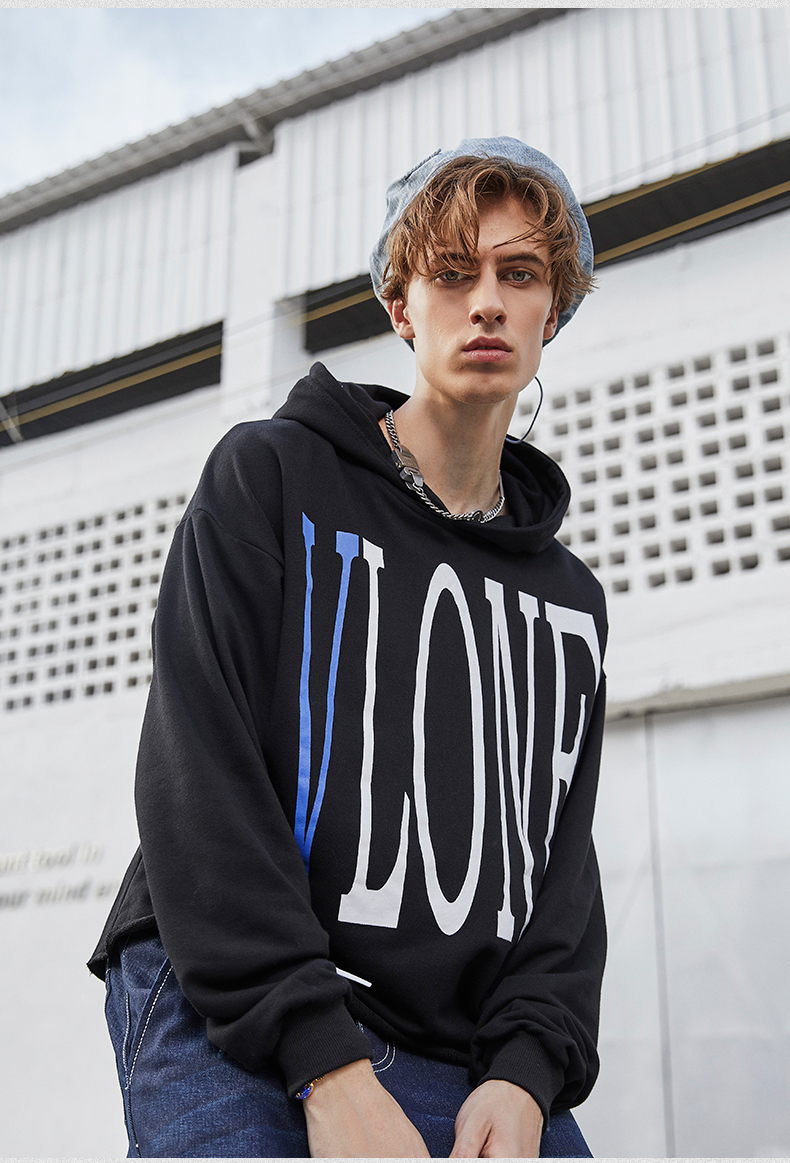 潮牌vlone王一博同款男女卫衣连帽套头衫上海限定蓝色大v宽松情侣外套