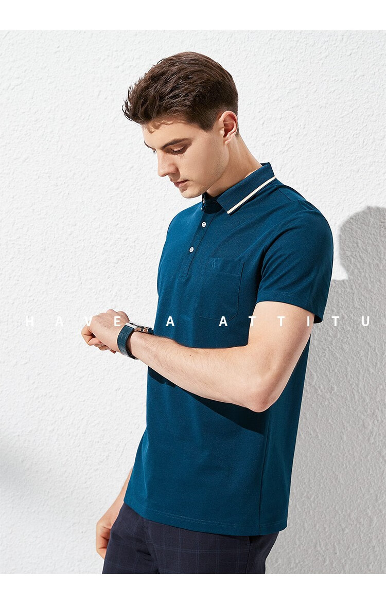 男装夏季男士短袖t恤男刺绣胸标口袋款式翻领纯色商务休闲打底衫上衣