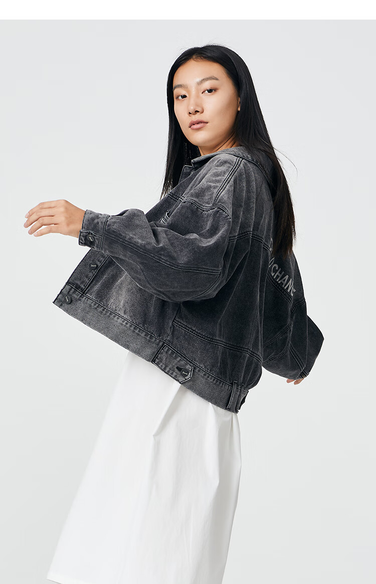 新】艾莱依2021春夏新款复古短款牛仔服女修身小个子韩版休闲牛仔外套
