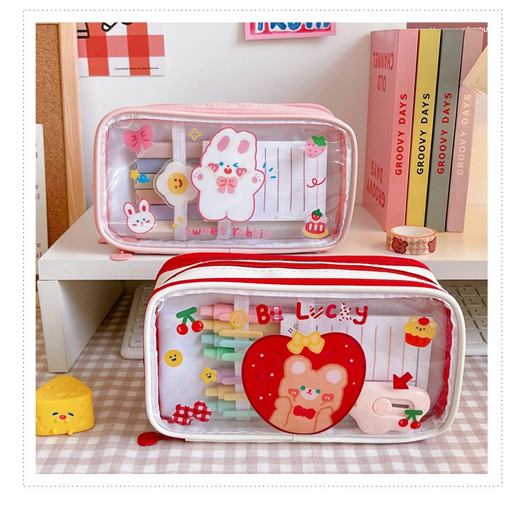 启画堂 格畅三层透明笔袋大容量ins日系可爱女孩高颜值小学生男卡通网