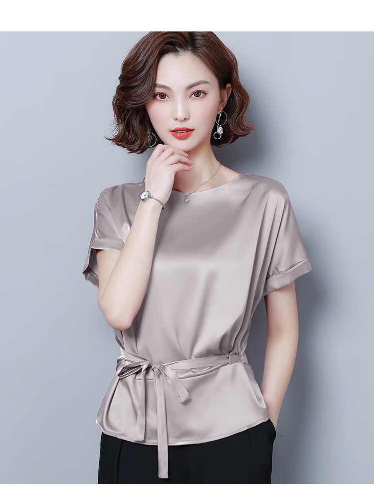 富贵鸟品牌重磅真丝小衫洋气夏蚕丝半袖短袖t恤女遮肚子妈妈上衣莹光