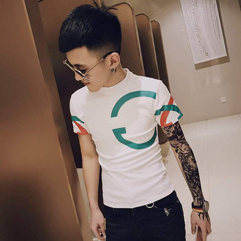 网红社会人有领短袖t恤男条纹精神小伙潮流学生紧身带领polo小衫二道