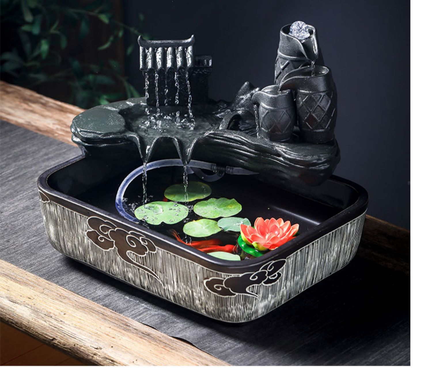 陶瓷鱼缸养鱼盆客厅桌面流水鱼缸家用小金鱼缸创意长方形鱼缸造景祥云