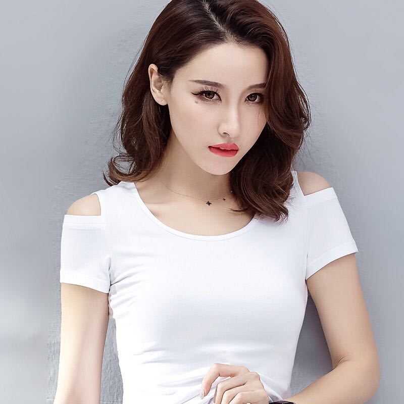 汇今美短袖t恤女半袖夏季女装半截袖女 含棉2021夏季新款韩版露肩修身