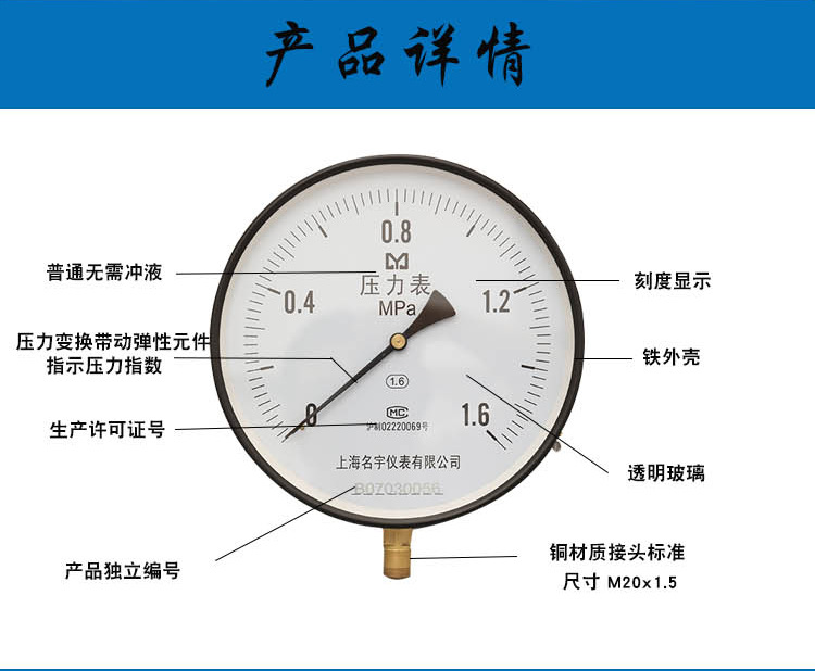 y250真空压力表 25cm表盘显示压力表 气压液压油压水压表 压力0~6