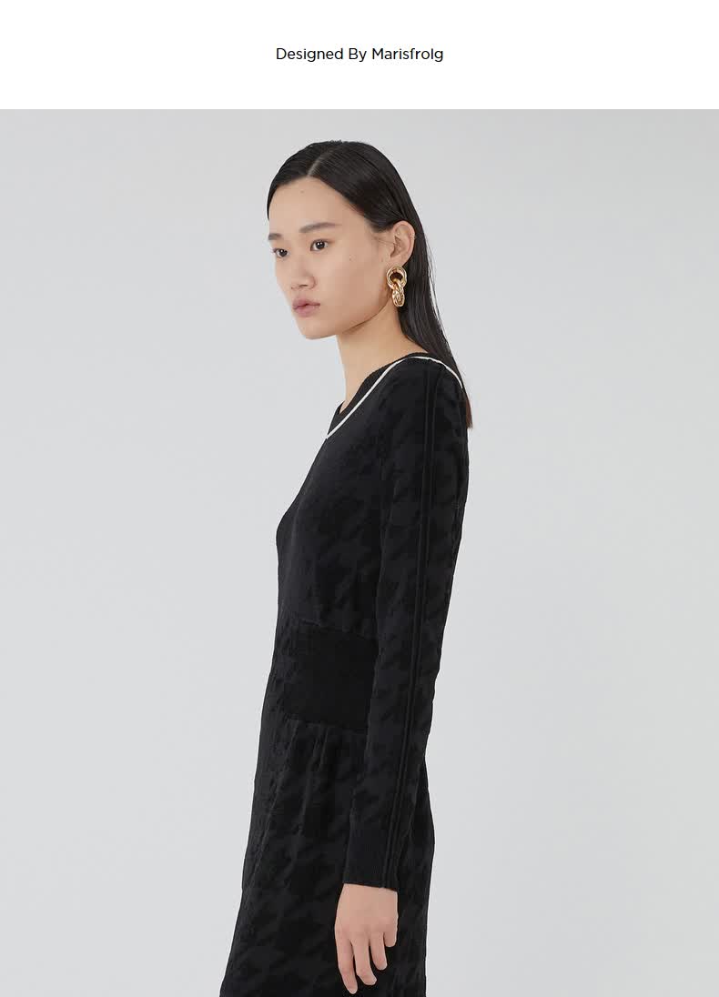 marisfrolg玛丝菲尔羊毛2020年冬季新款女装黑色长袖中长款连衣裙黑色