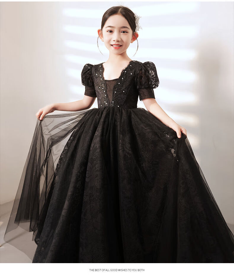 女童万圣节服装女巫婆走秀主持人钢琴演奏演出服气质连衣裙110cm黑色