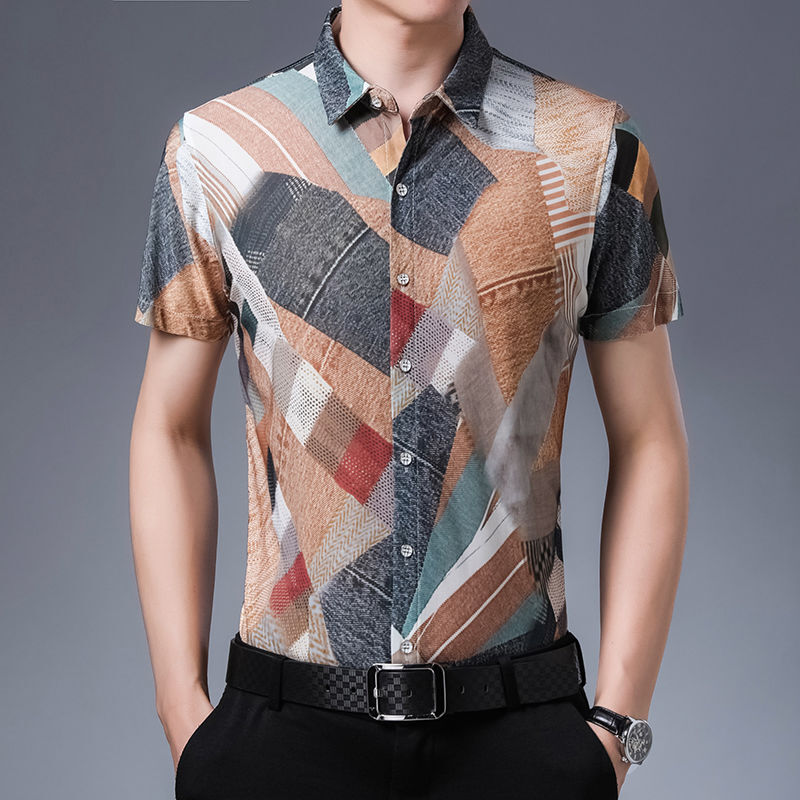 夏季男士短袖花衬衫 印花大码时尚休闲冰丝潮男免烫龙纹衬衣半袖y 桔